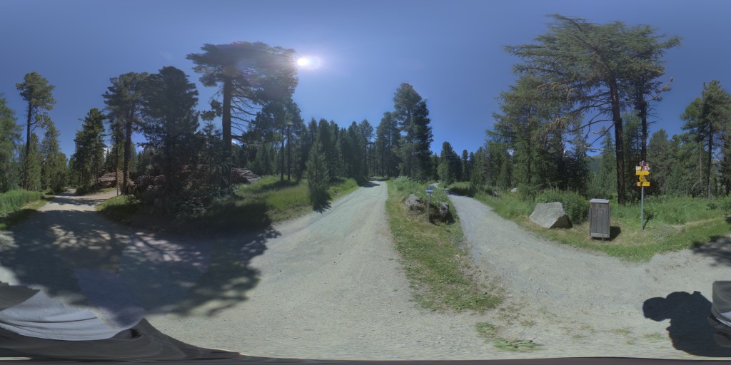 Equirectangular 360° HDRI of a sunlit alpine forest junction, captured with HDRI Studio