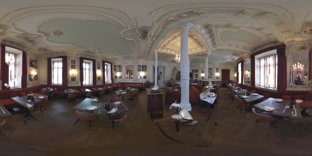 Equirectangular 360° HDRI of an ornate grand dining hall, captured with HDRI Studio