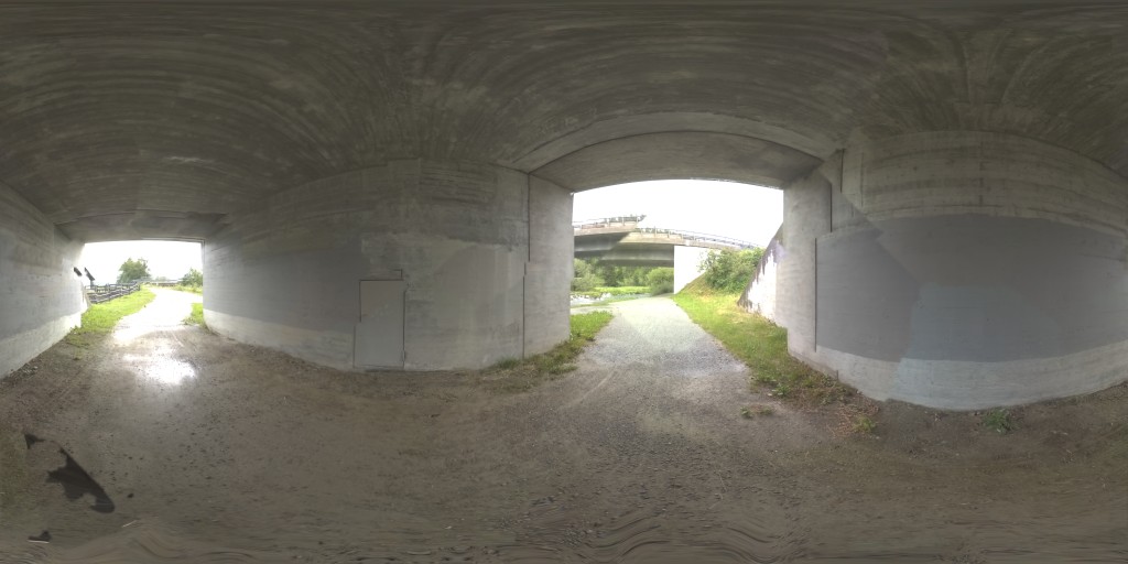 360° HDRI under a concrete bridge, deep shade opening to bright daylight — a wide dynamic range